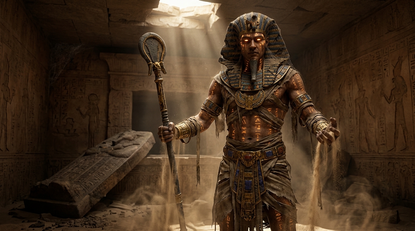 An ancient figure awakening in a stone chamber crossed by shafts of golden light